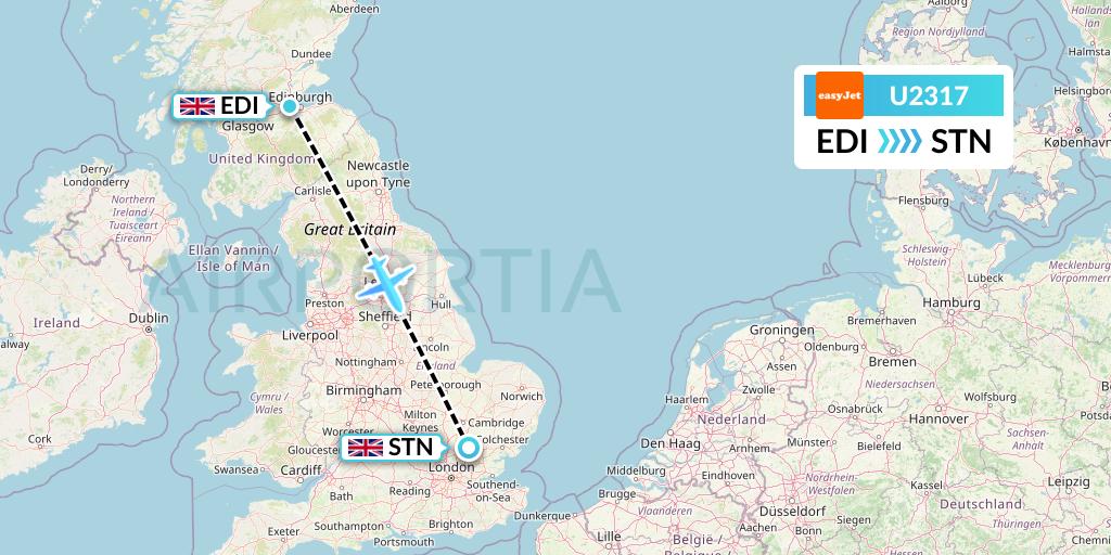 U2317 EasyJet Flight Map: Edinburgh to London