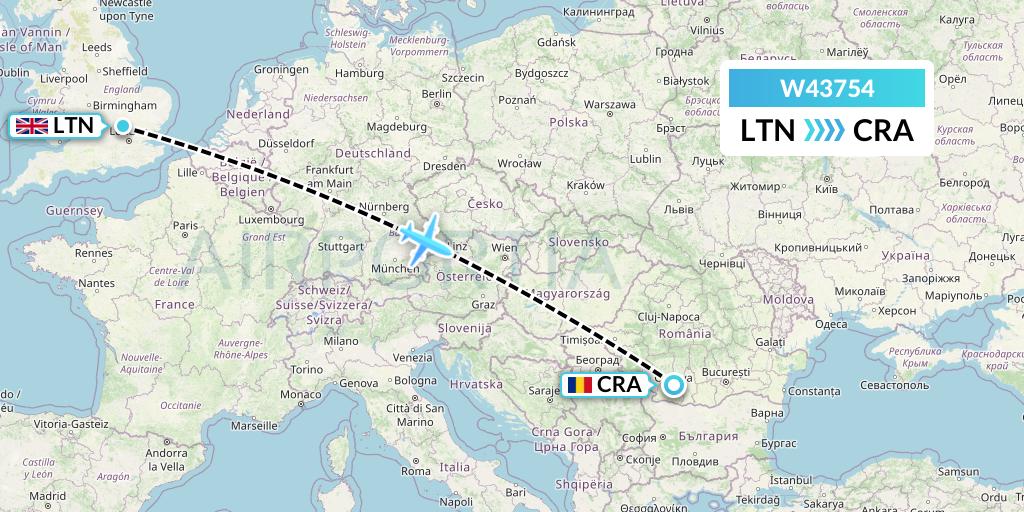 W43754 Wizz Air Malta Flight Map: London to Craiova
