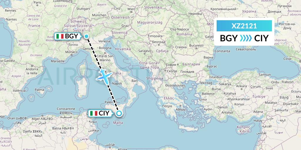 XZ2121 Aeroitalia Flight Map: Milan to Comiso