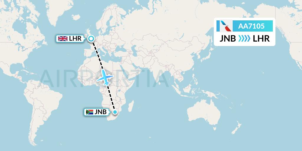 AA7105 American Airlines Flight Map: Johannesburg to London