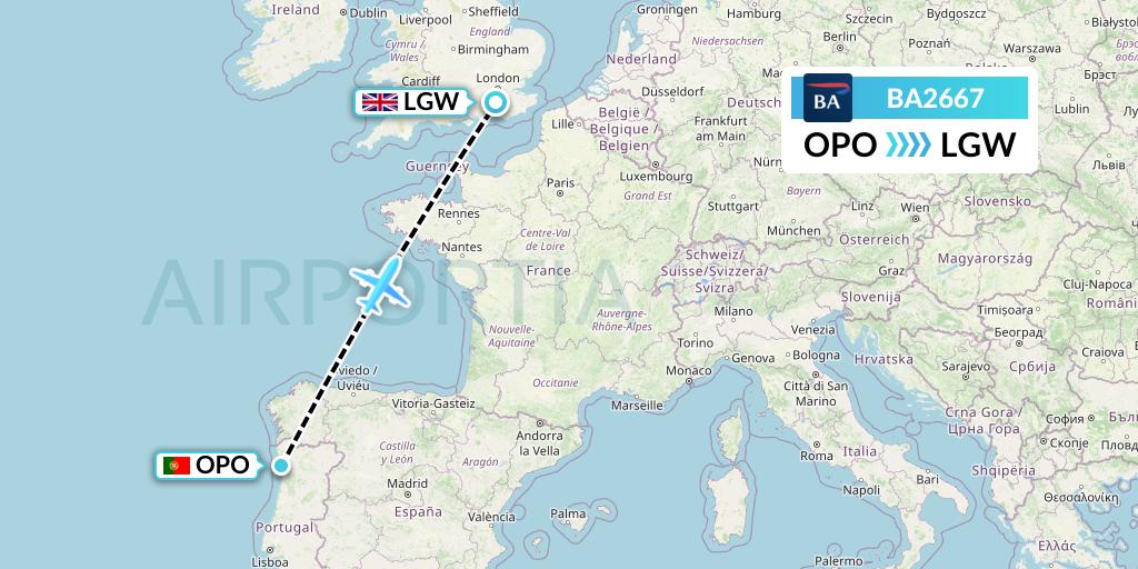 BA2667 British Airways Flight Map: Porto to London