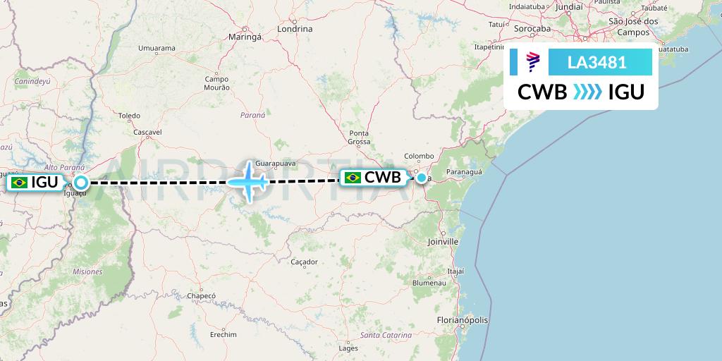 LA3481 LAN Airlines Flight Map: Curitiba to Foz do Iguacu