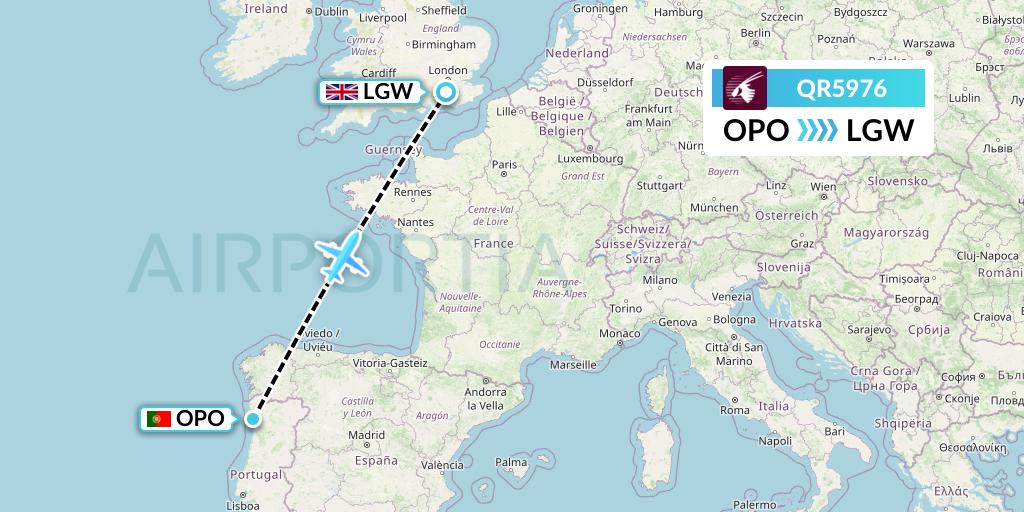 QR5976 Qatar Airways Flight Map: Porto to London