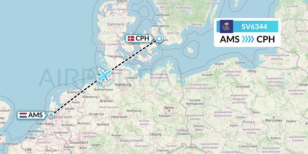 SV6344 Saudi Arabian Airlines Flight Map: Amsterdam to Copenhagen