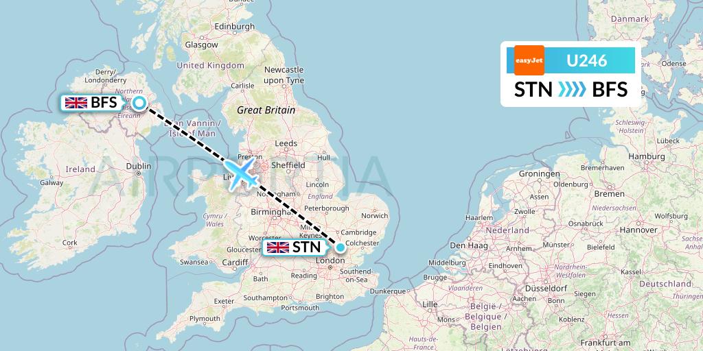 U246 EasyJet Flight Map: London to Belfast