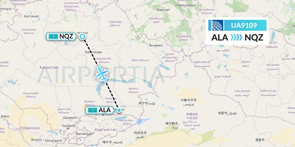 UA9109 United Airlines Flight Map: Almaty to Astana