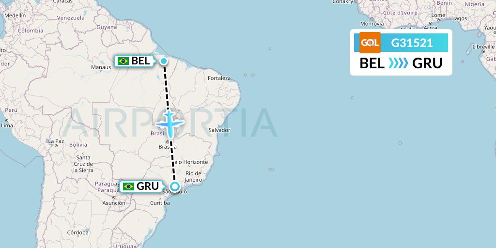 G31521 GOL Transportes Aeros Flight Map: Belem to Sao Paulo