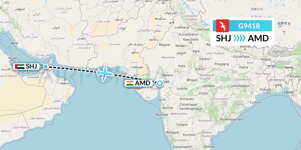 G9418 Air Arabia Flight Map: Sharjah to Ahmedabad