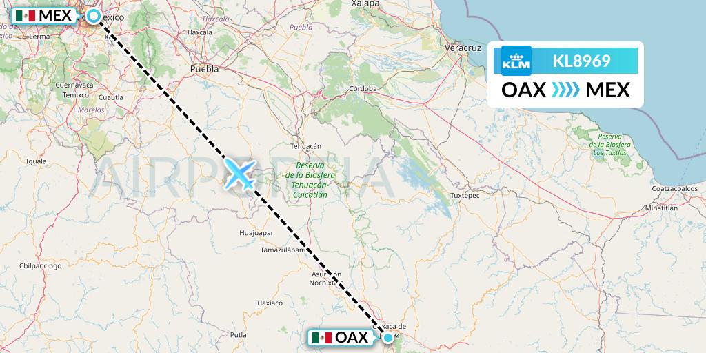 KL8969 KLM Flight Map: Oaxaca to Mexico City