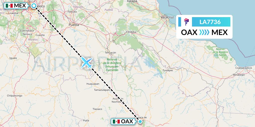 LA7736 LAN Airlines Flight Map: Oaxaca to Mexico City