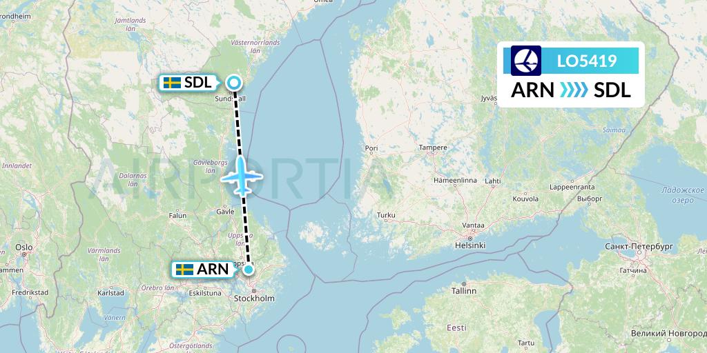 LO5419 LOT Flight Map: Stockholm to Sundsvall