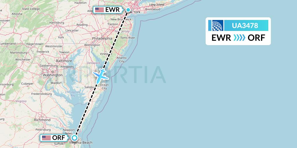 UA3478 United Airlines Flight Map: New York to Norfolk