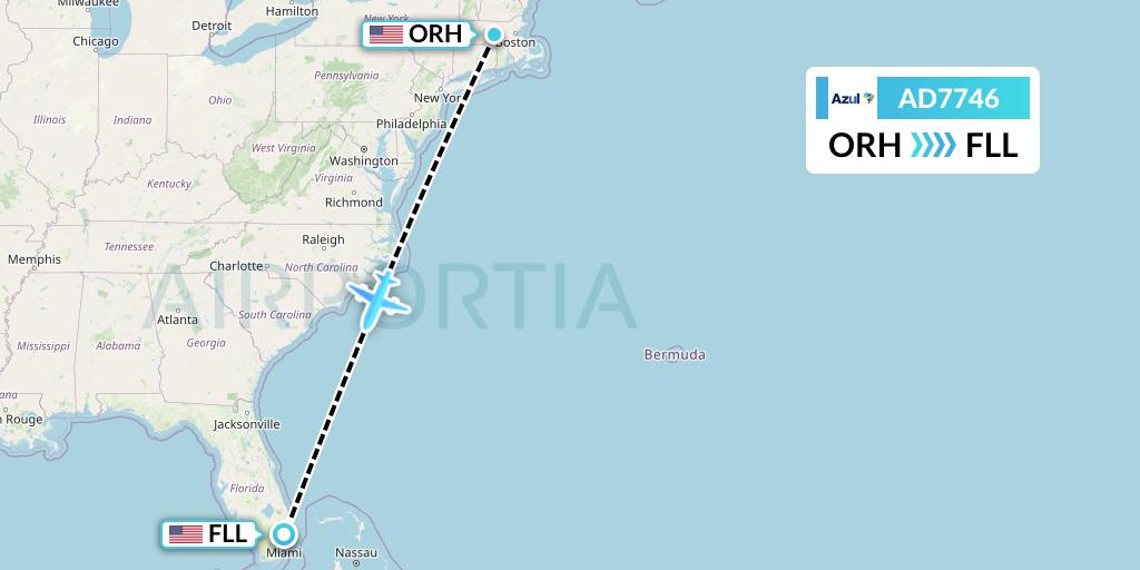 AD7746 Azul Brazilian Airlines Flight Map: Worcester to Fort Lauderdale