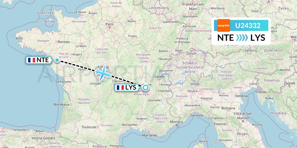 U24332 EasyJet Flight Map: Nantes to Lyon