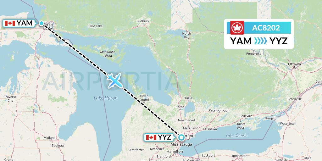 AC8202 Air Canada Flight Map: Sault Ste. Marie to Toronto