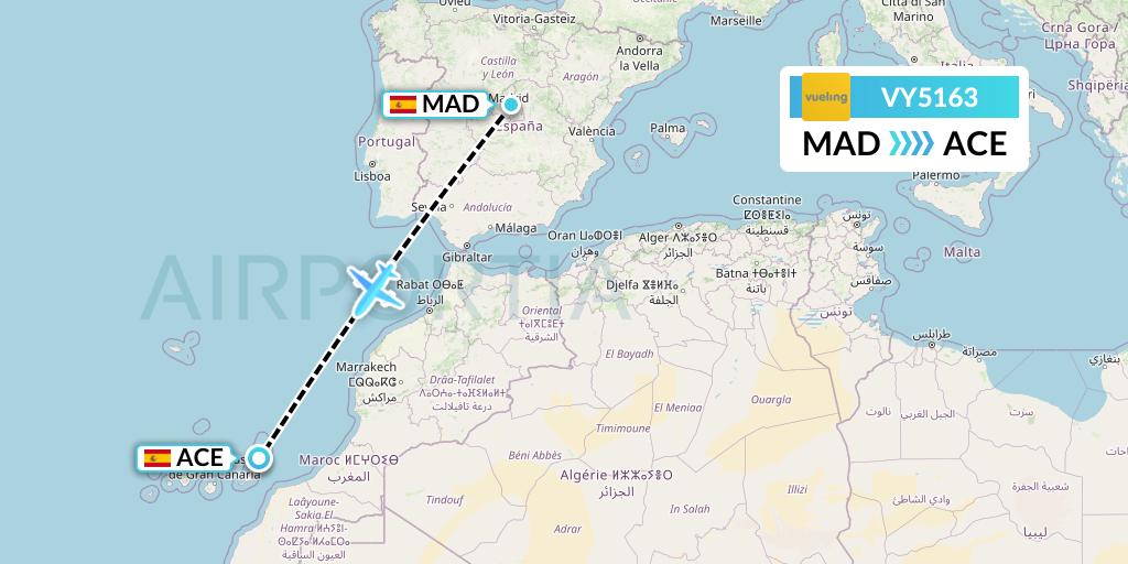 VY5163 Vueling Flight Map: Madrid to Lanzarote