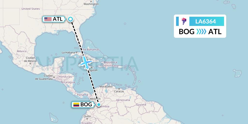 LA6364 LAN Airlines Flight Map: Bogota to Atlanta