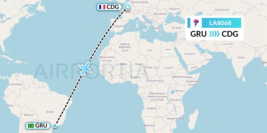 LA8068 LAN Airlines Flight Map: Sao Paulo to Paris