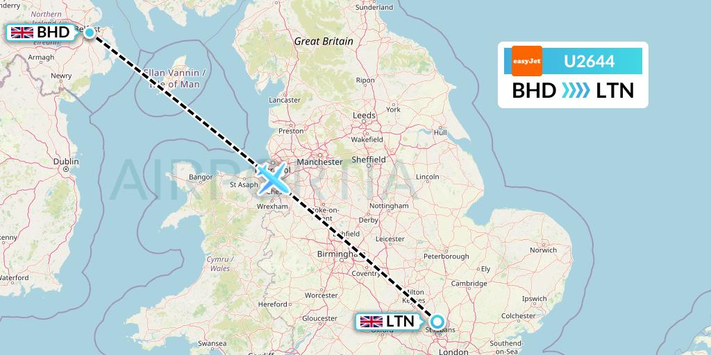 U2644 EasyJet Flight Map: Belfast to London