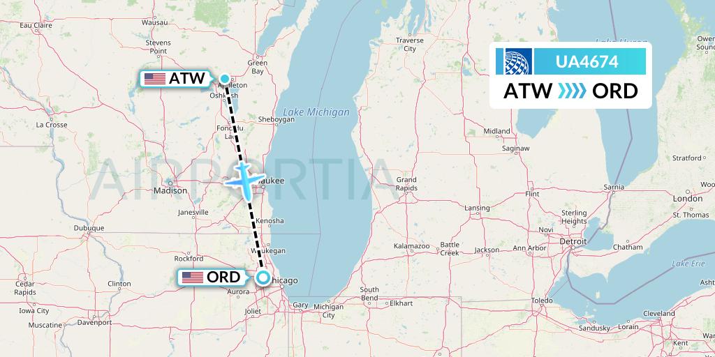 UA4674 United Airlines Flight Map: Appleton to Chicago