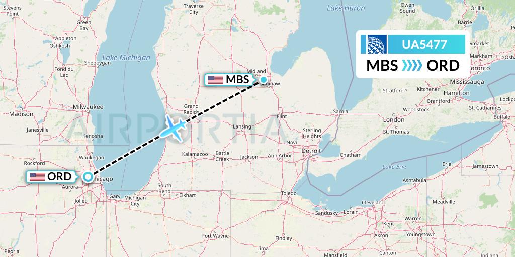 UA5477 United Airlines Flight Map: Saginaw to Chicago