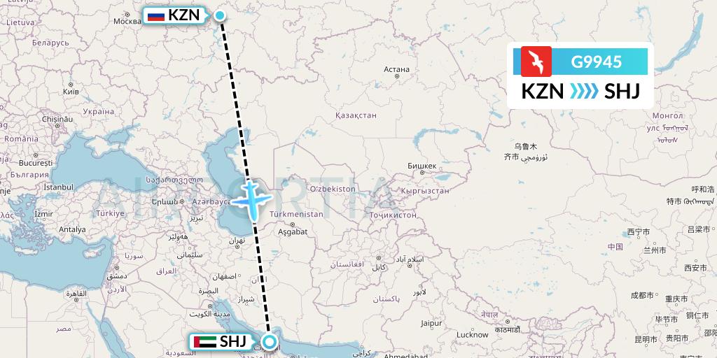 G9945 Air Arabia Flight Map: Kazan to Sharjah