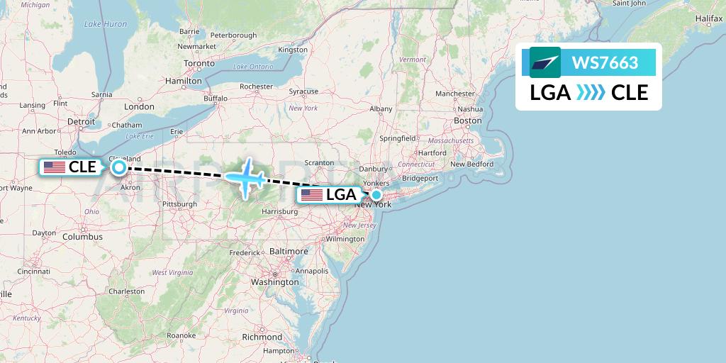WS7663 WestJet Flight Map: New York to Cleveland