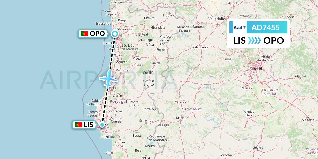 AD7455 Azul Brazilian Airlines Flight Map: Lisbon to Porto