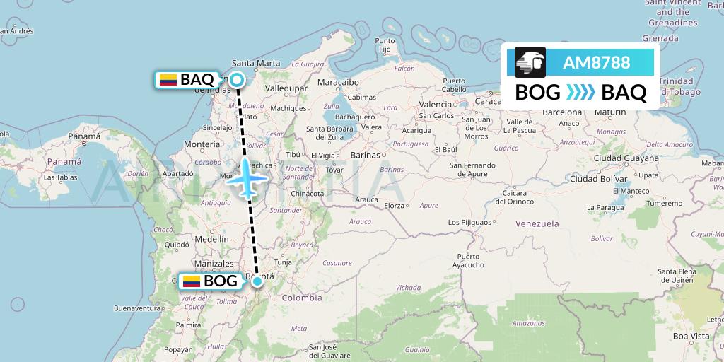AM8788 Aeromexico Flight Map: Bogota to Barranquilla