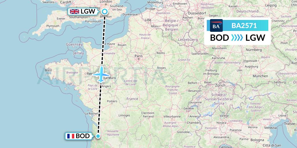 BA2571 British Airways Flight Map: Bordeaux to London
