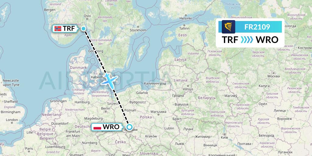 FR2109 Ryanair Flight Map: Oslo to Wroclaw