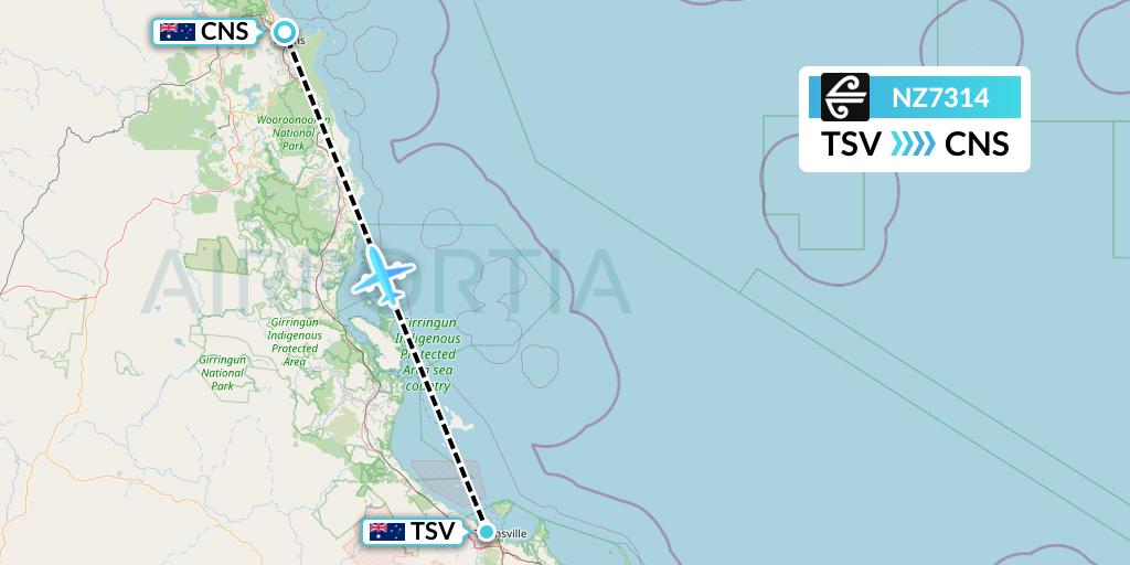 NZ7314 Air New Zealand Flight Map: Townsville to Cairns