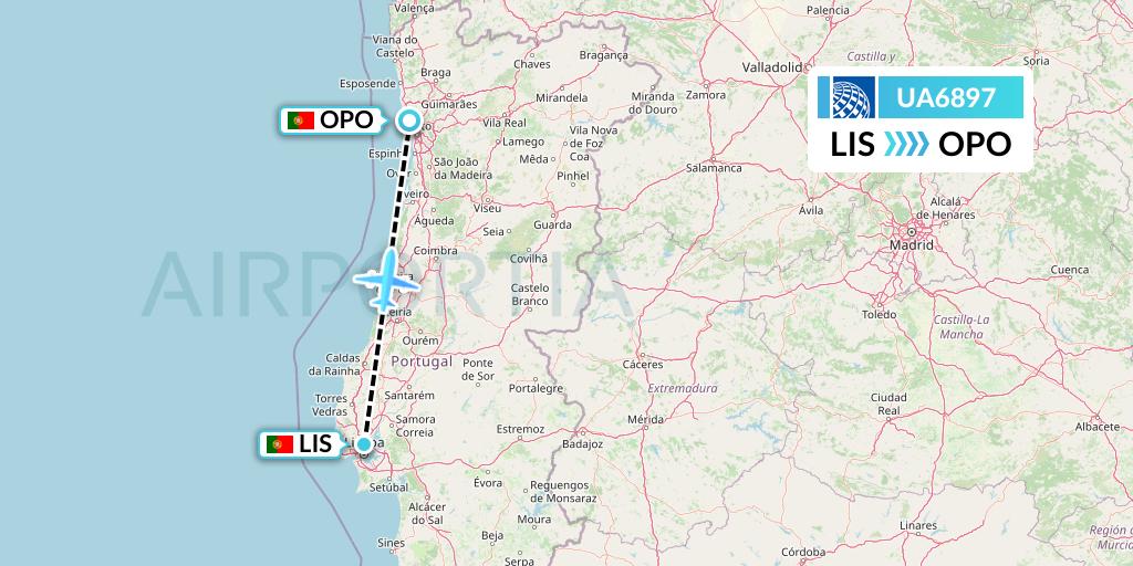 UA6897 United Airlines Flight Map: Lisbon to Porto