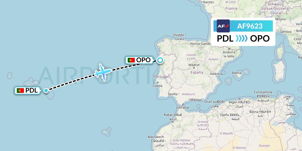 AF9623 Air France Flight Map: Ponta Delgada to Porto