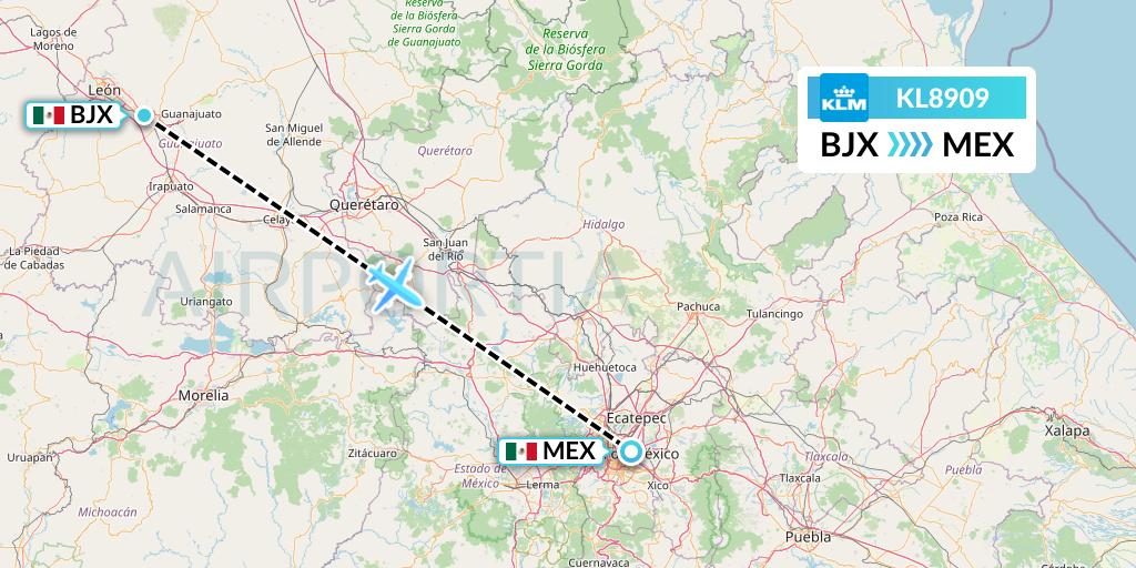 KL8909 KLM Flight Map: Silao to Mexico City