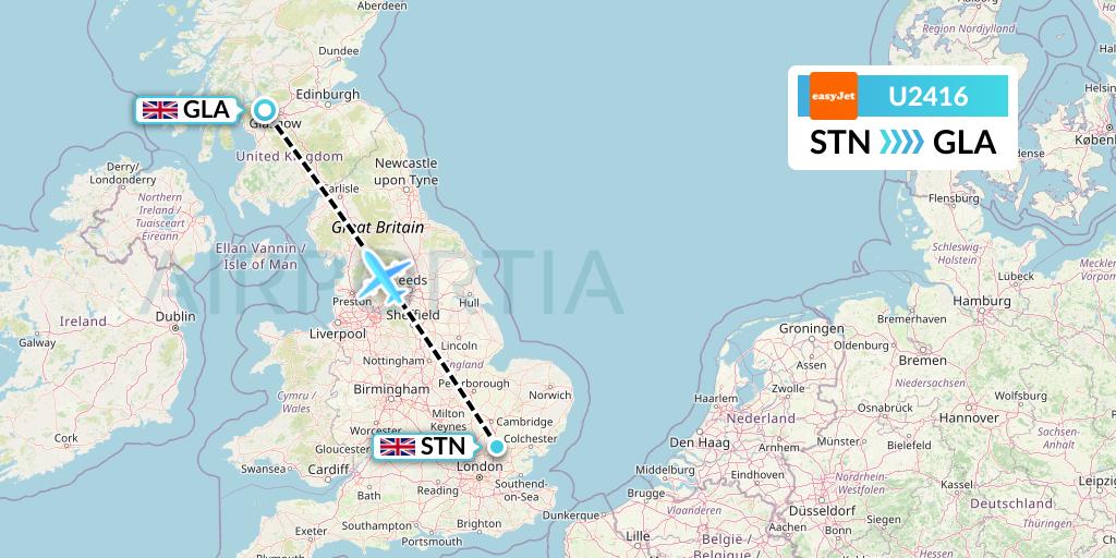U2416 EasyJet Flight Map: London to Glasgow