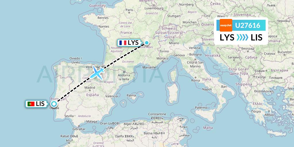 U27616 EasyJet Flight Map: Lyon to Lisbon