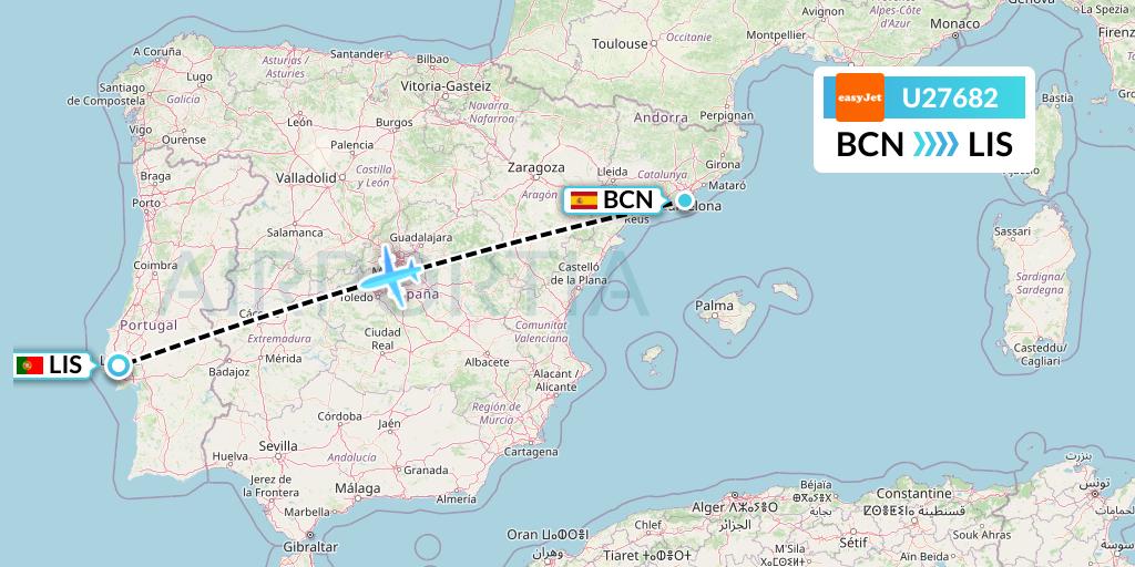 U27682 EasyJet Flight Map: Barcelona to Lisbon