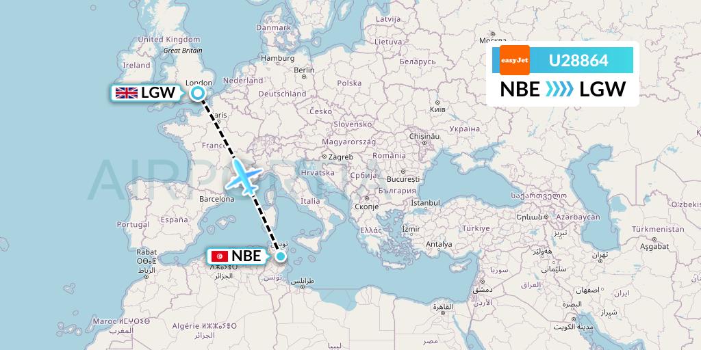 U28864 EasyJet Flight Map: Enfidha to London