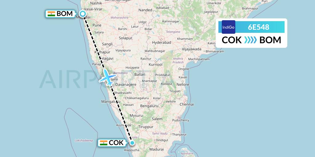 6E548 IndiGo Airlines Flight Map: Cochin to Mumbai