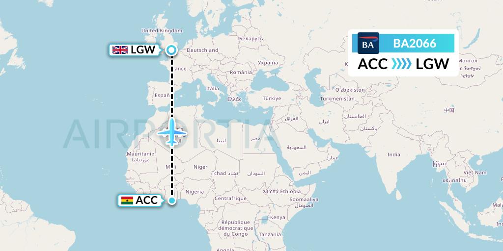 BA2066 British Airways Flight Map: Accra to London