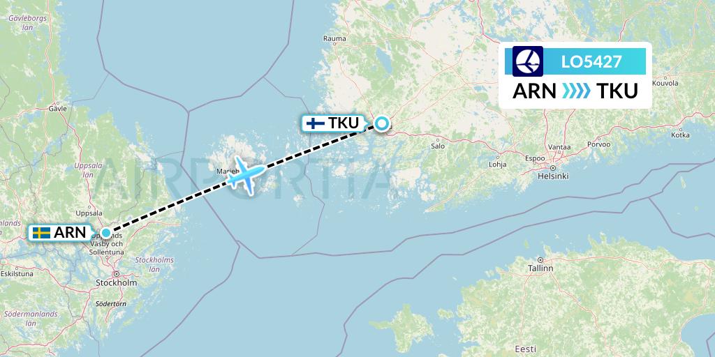 LO5427 LOT Flight Map: Stockholm to Turku