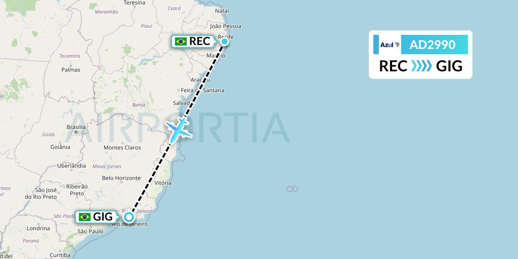 AD2990 Azul Brazilian Airlines Flight Map: Recife to Rio de Janeiro
