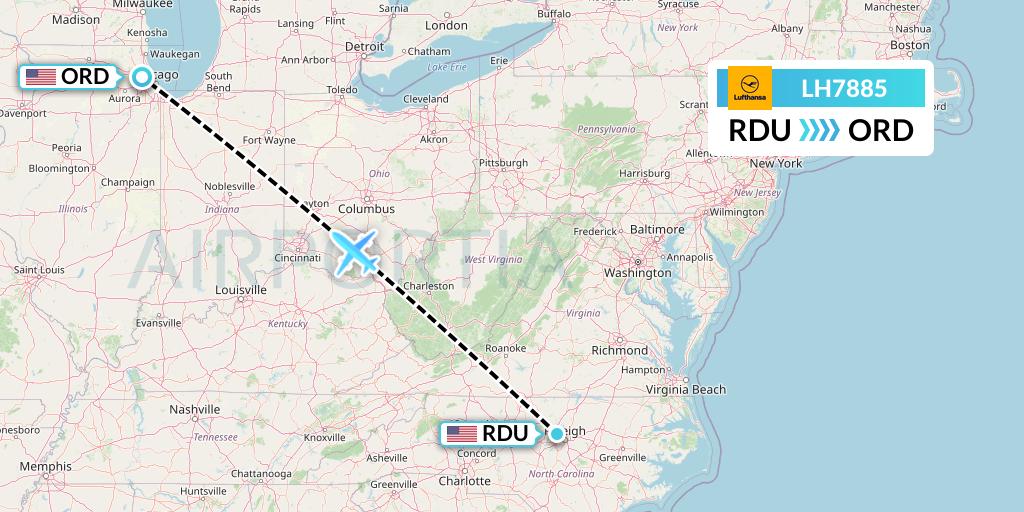 LH7885 Lufthansa Flight Map: Raleigh-Durham to Chicago