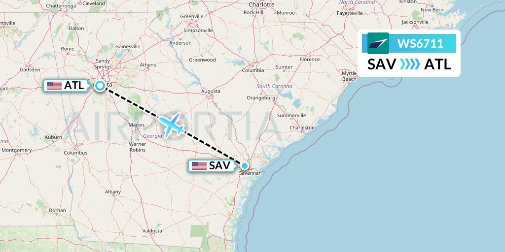 WS6711 WestJet Flight Map: Savannah to Atlanta