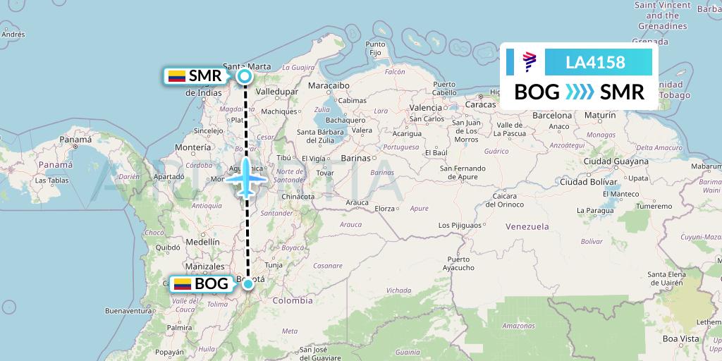 LA4158 LAN Airlines Flight Map: Bogota to Santa Marta