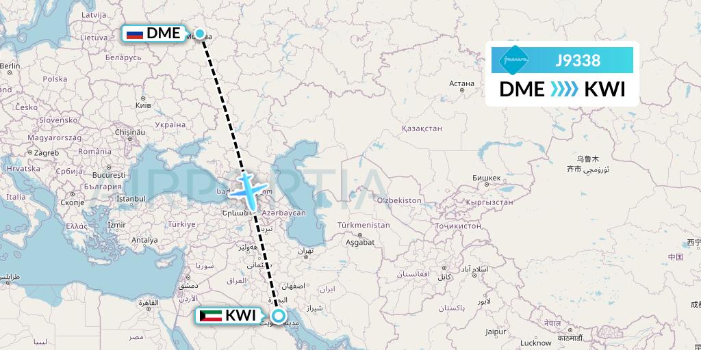 J9338 Jazeera Airways Flight Map: Moscow to Kuwait City