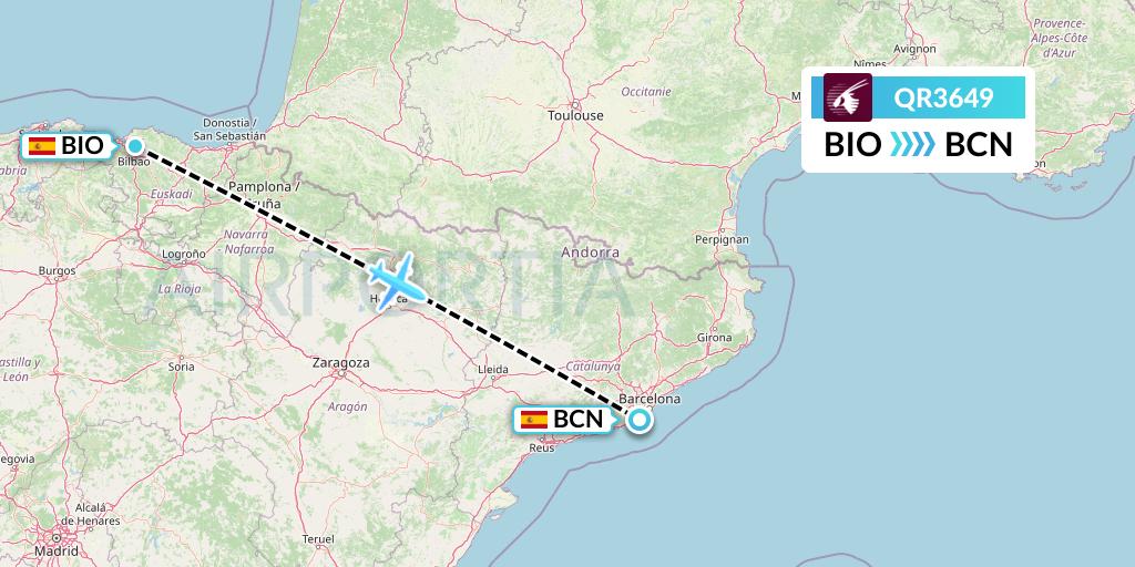 QR3649 Qatar Airways Flight Map: Bilbao to Barcelona