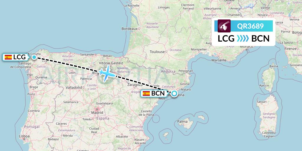 QR3689 Qatar Airways Flight Map: A Coruna to Barcelona