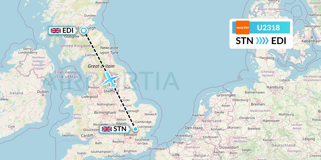 U2318 EasyJet Flight Map: London to Edinburgh